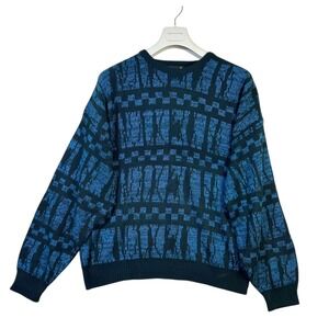 Vintage‎ 80s 90s Sasson Sweater XL Black Blue Geometric Knit OG Hip Hop Retro